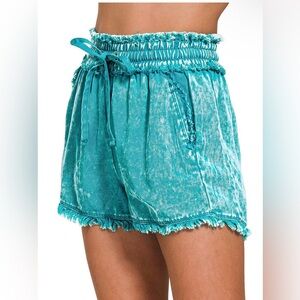 Women's Teal Frayed Hem Shorts